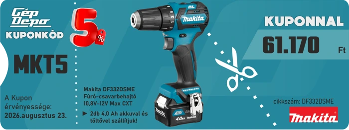 Kupon: Makita DF332DSME vezeték nélküli fúró-csavarbehajtó, 61.170 Ft, 5% kuponkód MKT5, érvényes 2026.08.23.