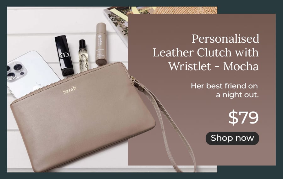 Personalised Leather Clutch with Wristlet - Mocha