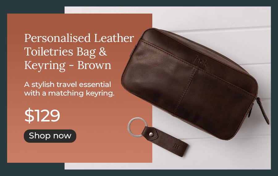 Personalised Leather Toiletries Bag & Keyring - Brown