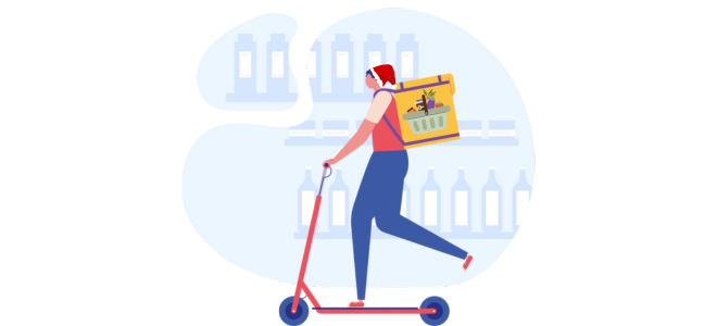 Illustration of man wearing a Santa hat riding a scooter with his groceries