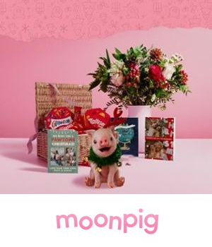 Moonpig - Moonpig pig mascot with hamper, flowers and cards surrounding it