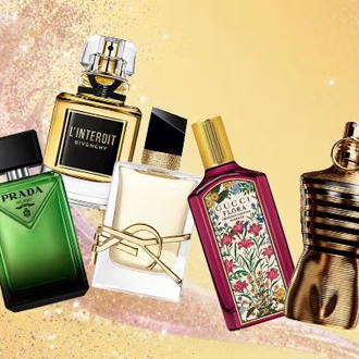 Boots - Assorted fragrances from YSL, Gucci, Prada and more on glittery background