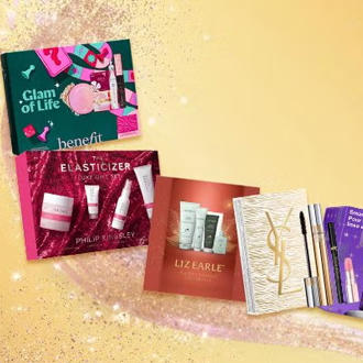Boots - Premium beauty giftboxes from Liz Earle, Benefit Cosmetics and more on glittery background