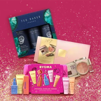 Boots - Christmas giftsets from Byoma, Ted Baker and more on glittery pink background
