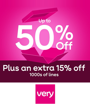 Very: Bright pink advertisement with "Up to 50% Off" in large white text, "Plus an extra 15% off" below, and "very" logo at the bottom center.