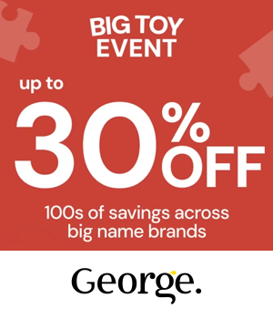 ASDA George: Red promotional image for a toy event highlights "up to 30% off" with "100s of savings across big name brands." Puzzle piece motifs add playful tone.