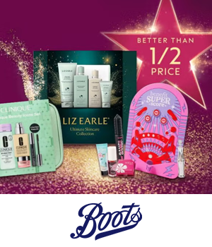 Boots: Gift sets with skincare and beauty products, including Clinique and Liz Earle, on a glittery background. Text reads "Better than 1/2 price." Boots logo below.