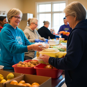 Volunteers handing out supermarket fruits at food bank