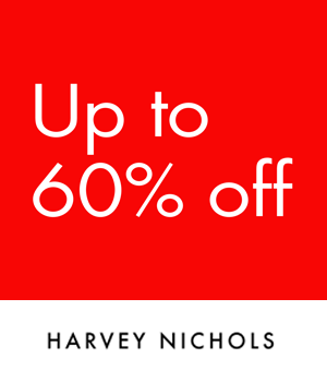 Harvey Nichols - Red background with bold white text reads "Up to 60% off"