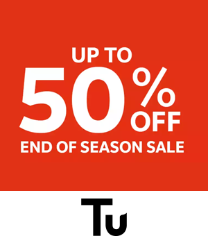 TU - Bright red background features bold white text: "Up to 50% Off End of Season Sale."