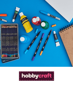 Hobbycraft - Arts and crafts supplies on a blue table