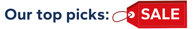 Image of a red sales tag with the text 'Our top picks:' in dark blue next to it