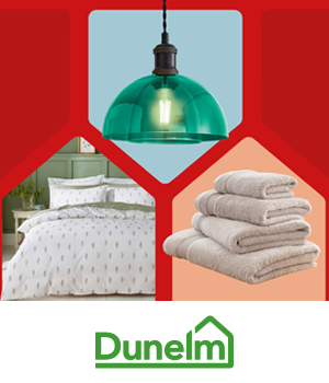 Dunelm: Image displaying home products against a red geometric background: a green pendant lamp, a white bedding set with patterns, and stacked beige towels.