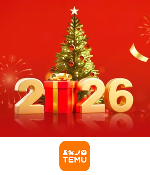 Temu: Festive red backdrop with a decorated Christmas tree, large gold "2026" numbers, and a red gift box