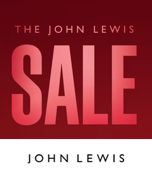 John Lewis: Red and white poster with bold text reading "The John Lewis SALE" on a gradient red background.