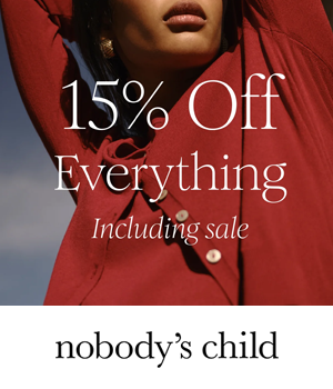 nobody's child: A woman in a red outfit poses against a blue sky. Text overlay reads "15% Off Everything Including Sale".