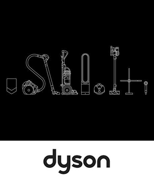 Dyson: Line drawings of Dyson products on a black background, featuring a vacuum, purifier, and tools.