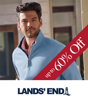 Lands' End: Man wearing a blue quarter zip with "up to 60% off" banner illustration