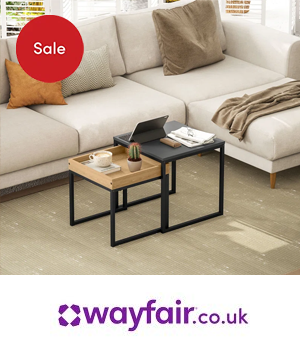 Wayfair: Decorated coffee table in living room with "Sale" sticker illustration