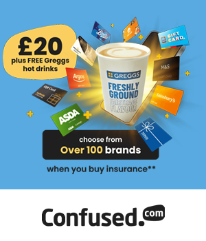 Confused.com: Greggs' coffee with various gift cards and text "£20 plus FREE Greggs hot drinks - choose from over 100 brands when you buy insurance"
