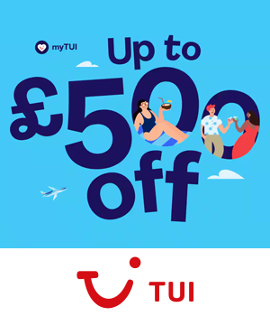 TUI: Illustration of clouds and people relaxing with text "Up to £500 off"