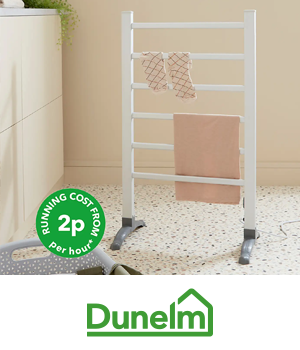 Dunelm: Small airer with illustration of sticker which reads "Running cost from 2p per hour"
