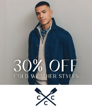 Crew Clothing: Man wearing a quarter zip and jacket with text "30% off cold weather styles"