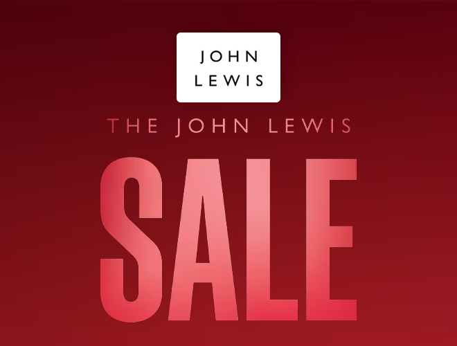 John Lewis & Partners: Deep red background with text "The John Lewis Sale"
