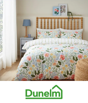 Dunelm: White floral patterned duvet with sticker illustration reading "NEW: Double £18"