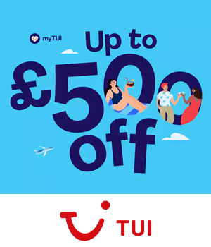 TUI: Blue background with "Up to £500 off" text. Illustrations feature a woman relaxing and a couple toasting