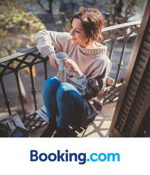 Booking.com: A woman sits on a balcony chair, sipping coffee, and enjoying a sunny morning