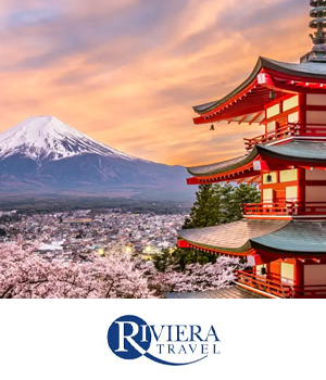 Riviera Travel: A serene view of Japan with cherry blossoms, a red pagoda, and Mount Fuji at sunset.