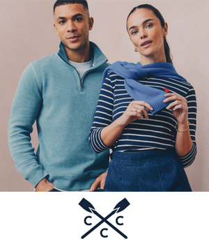 Crew Clothing: Man and woman wearing blue knitwear