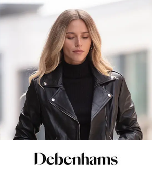 Debenhams: Woman wearing a black turtleneck jumper and leather jacket