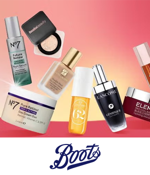 Boots: Various premium skincare products on a pink backdrop