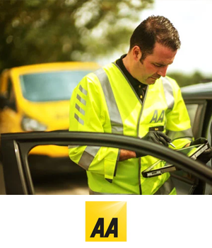 The AA UK Breakdown Cover: Roadside Assistance Patrol officer looking into a car