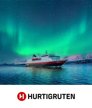 Hurtigruten: Cruise ship sailing in icy setting with northern lights ahead