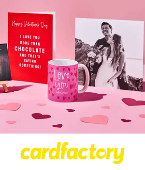 cardfactory: Valentine's themed mug, card and photograph on table decorated with hearts