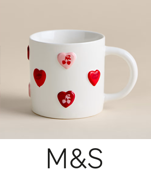 Marks & Spencer: White mug with red and pink hearts and cherry illustrations