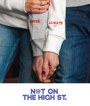 NOTHS: Couple wearing sweatshirts with "Forever" and "Always" embroidery on sleeve