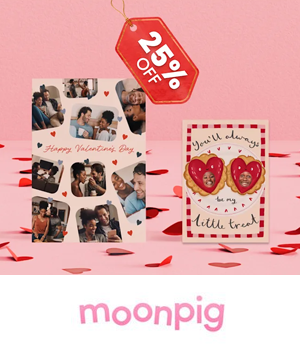 Moonpig: Two cards side by side depicting the size difference of a large card. Illustration of gift tag with text "25% off"