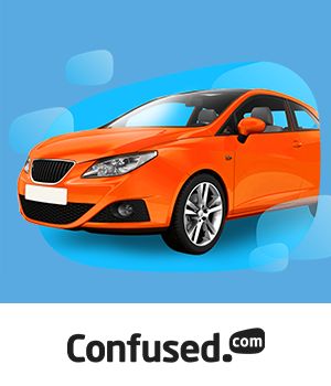 Confused.com: An orange car posed on geometric shapes