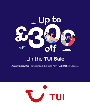 TUI: Up to £300 off in the TUI sale. Illustration of woman sunbathing and couple dancing