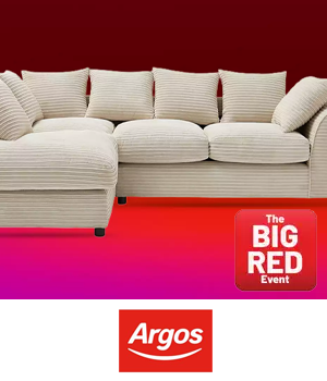 Argos: Large white sofa with sticker 'The BIG RED Event'