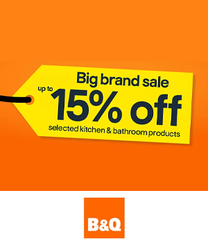 B&Q: Bright orange background with sale tag reading 'Big brand sale. Up to 15% off selected kitchen and bathroom products'