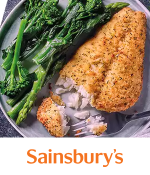 Sainsbury's: A plate with a crispy breaded fish fillet, a few forkfuls removed, alongside vibrant green broccolini