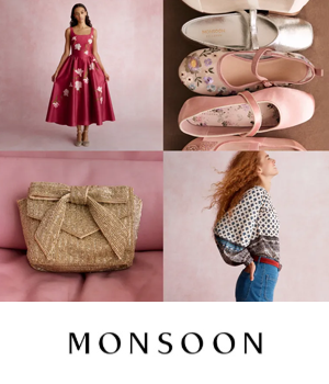 Monsoon: Collage of a woman in a floral dress, sparkly shoes, a woven clutch, and a woman in a patterned blouse