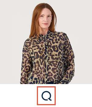 QVC: Woman wearing a leopard print blouse stands confidently against a plain background