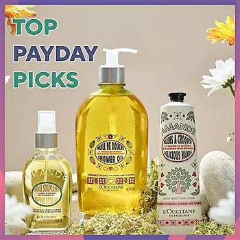 'Top payday picks' - Image of L'Occitane hand cream, skin oil and shower oil
