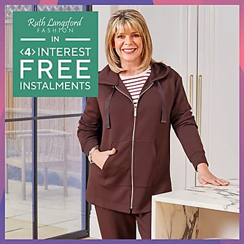 'Ruth Langsford Fashion in 4 interest free instalments' - Image of Ruth wearing a brown zip up hoodie loungewear set